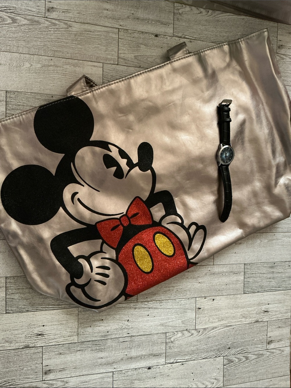 Disney Mickey Mouse Metallic Gold Tote Bag and watch